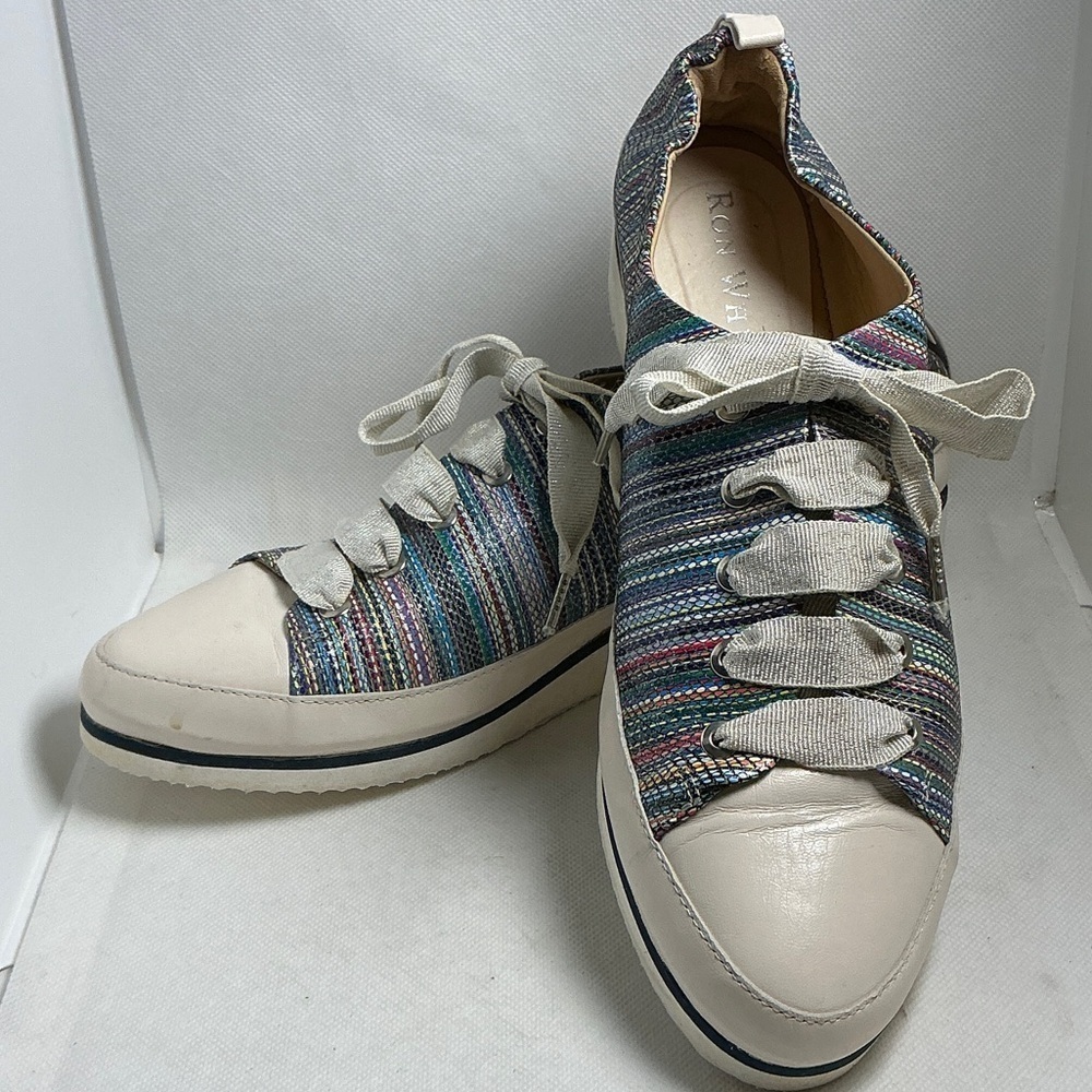 Ron White Woven Print Leather Platform Sneakers Made in Italy Size 40(L) & 41(R)